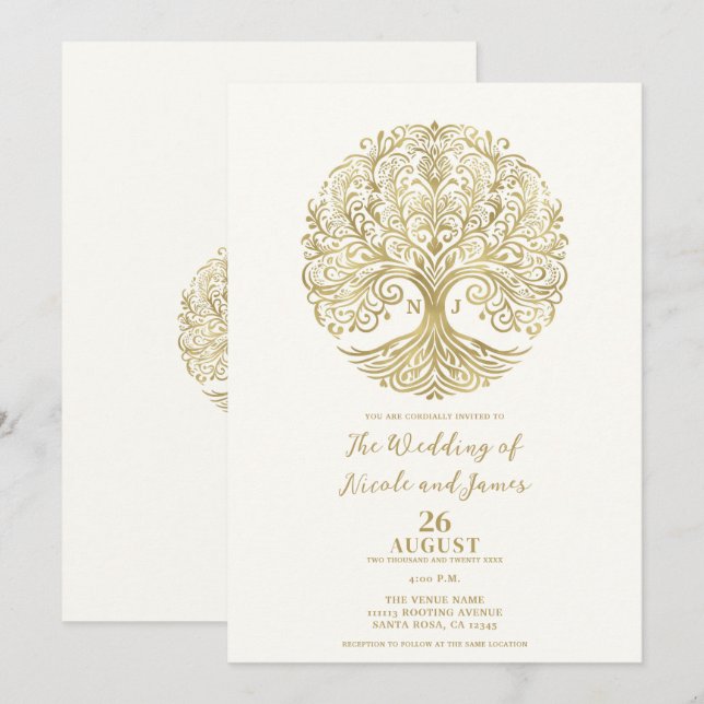 Tree of Life Cream & Gold Celtic Wedding Invitation (Front/Back)
