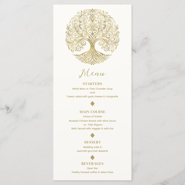Tree of Life Cream & Gold Celtic Wedding Menu (Front)