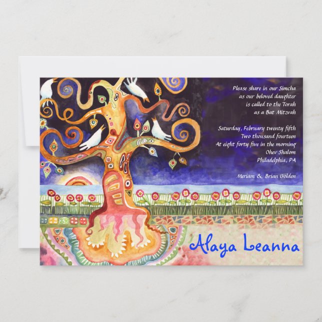 TREE OF LIFE Doves Bar Bat Mitzvah Invitation (Front)