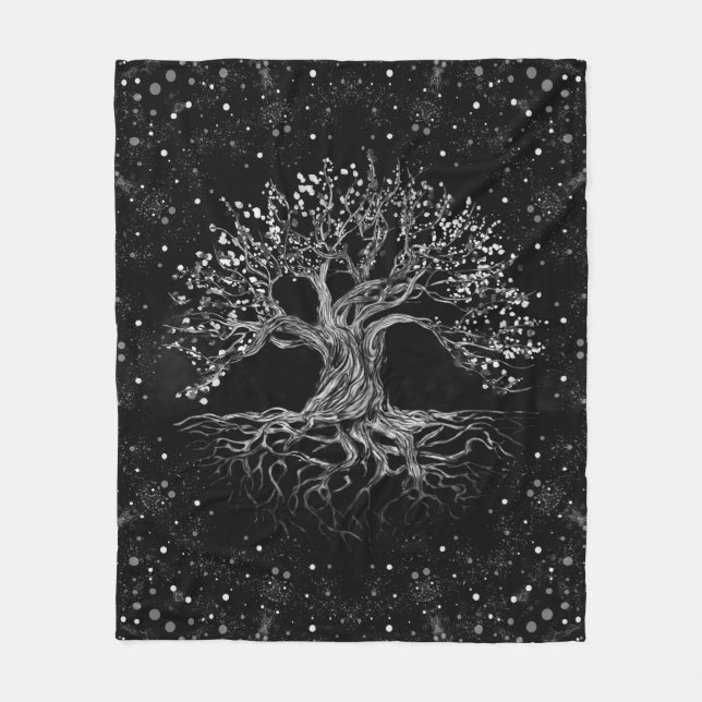 Tree of Life Drawing Black and White Fleece Blanket (Front)