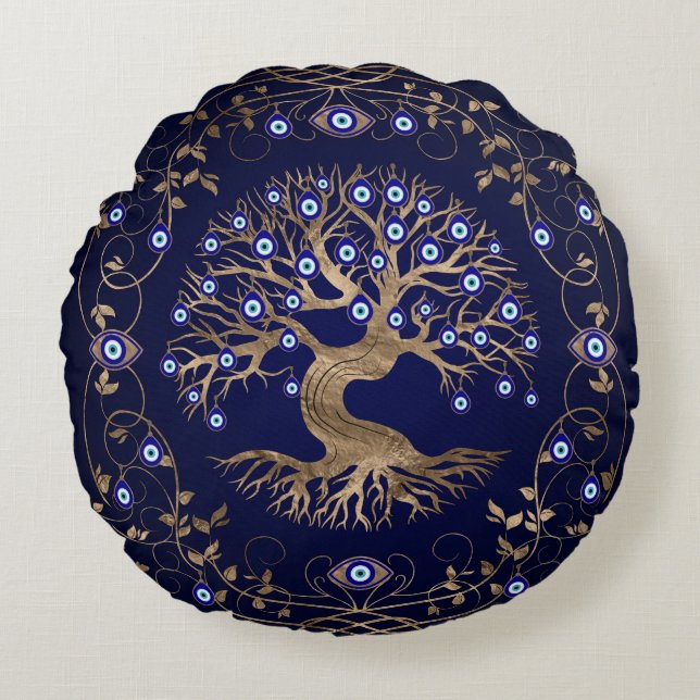 Tree of Life Evil Eye Ornament Round Pillow (Front)