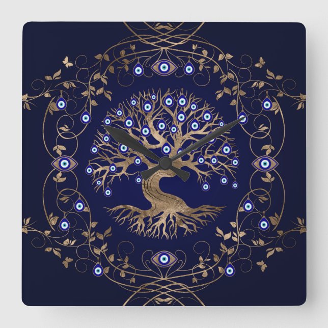 Tree of Life Evil Eye Ornament Square Wall Clock (Front)