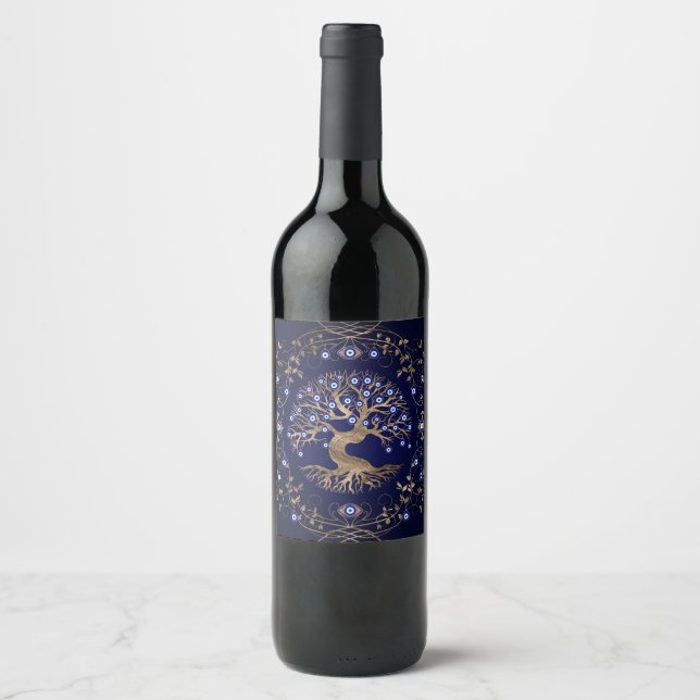 Tree of Life Evil Eye Ornament Wine Label (Front)
