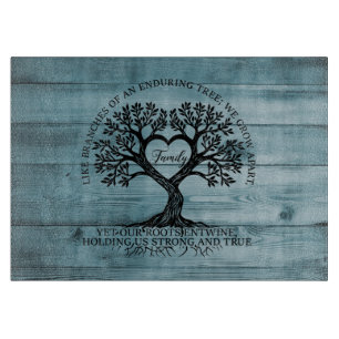 Tree of Life Family Glass Cutting Board on Blue