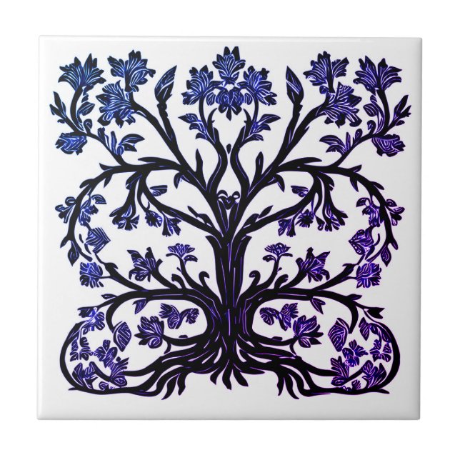 Tree of Life Floral #2 Cobalt Blue and White   Tile (Front)