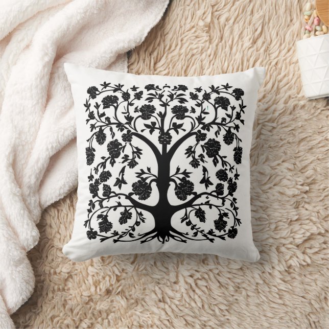 Tree of Life Floral #5 Black and White  Throw Pillow (Blanket)