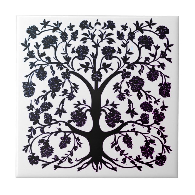 Tree of Life Floral #5 Black and White  Tile (Front)