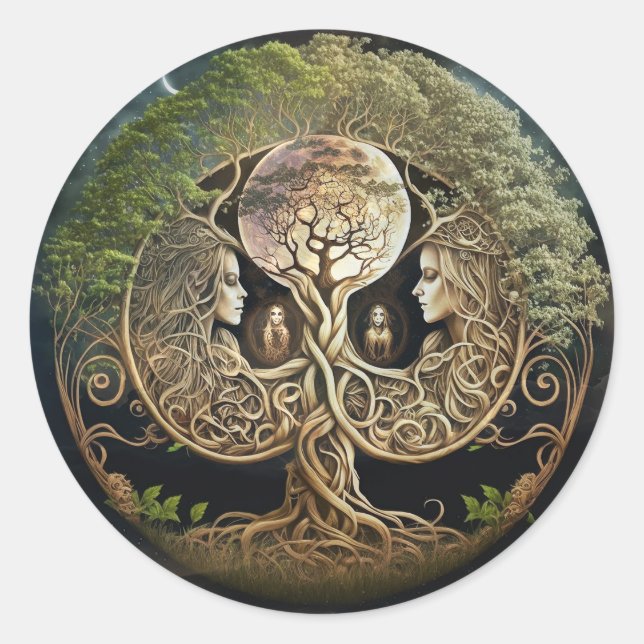 Tree of Life Goddess and Moon Classic Round Sticker (Front)