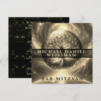 Tree of Life Gold and Black Bar Mitzvah Invitation