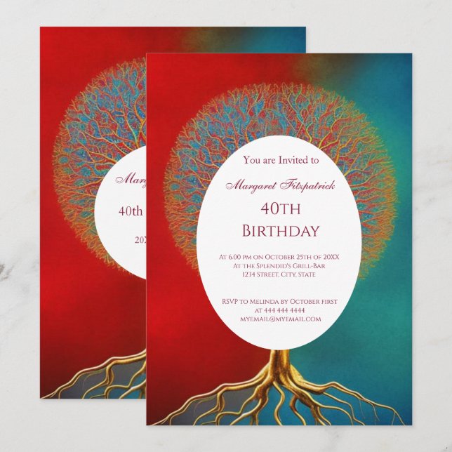 Tree of life gold red teal any age Birthday Party Invitation (Front/Back)