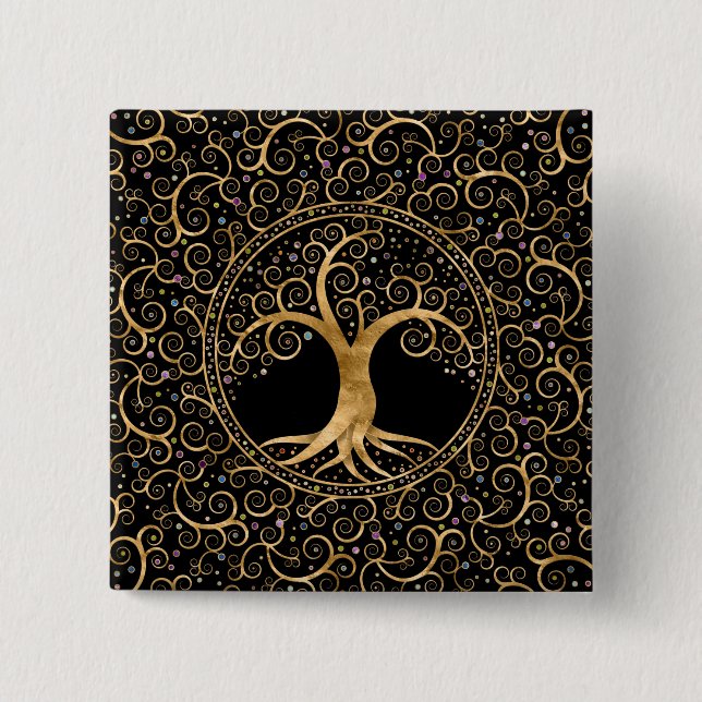 Tree of life Golden Spiral and Gemstones 2 Inch Square Button (Front)