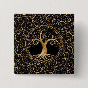 Tree of life Golden Spiral and Gemstones 2 Inch Square Button