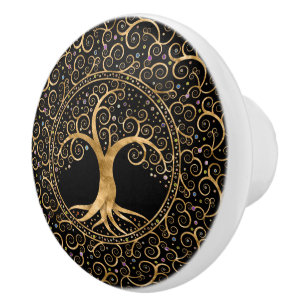 Tree of life Golden Spiral and Gemstones Ceramic Knob