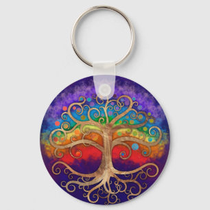 Tree of life Golden Swirl and Rainbow Keychain
