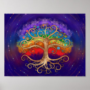 Tree of life Golden Swirl and Rainbow Poster