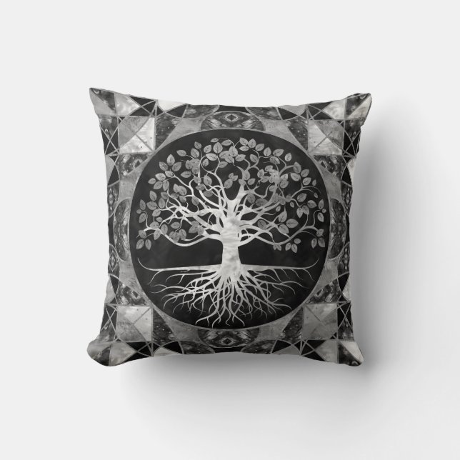 Tree of life - Grey scale Gemstone Throw Pillow (Front)