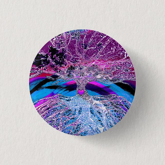 Tree of Life Hear in Purple and Blue w/ Rainbow 1 Inch Round Button (Front)
