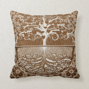 Tree of Life Hearts in Brown by Amelia Carrie Throw Pillow