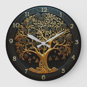 Tree of Life in Black and Gold Large Clock
