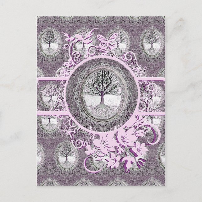 Tree of Life in Black and White with Flowers Postcard (Front)