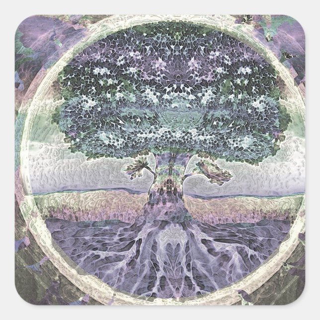 Tree of Life in Rainbow Metal Colours Square Sticker (Front)