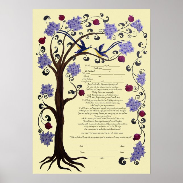 Tree of Life Ketubah & pomegranates, portrait-hi Poster (Front)