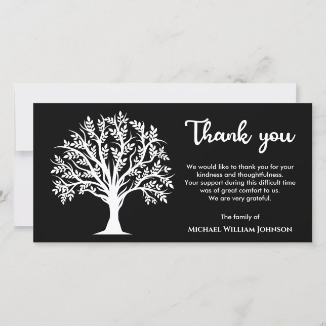 Tree Of Life Memorial Funeral Black And White Thank You Card (Front)
