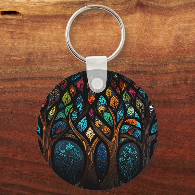 Tree of Life Mosaic Coloured leaves Stained Glass  Keychain (Back)