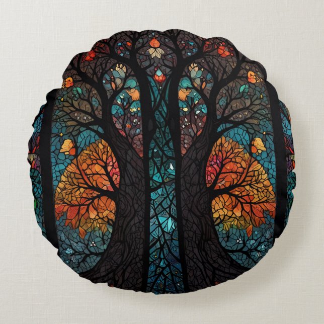 Tree of life mosaic stained glass effect round pillow (Front)