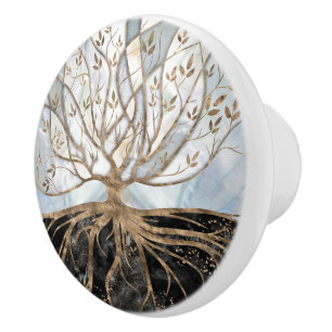 Tree of Life - Pearl, Gold and Black Marble Ceramic Knob