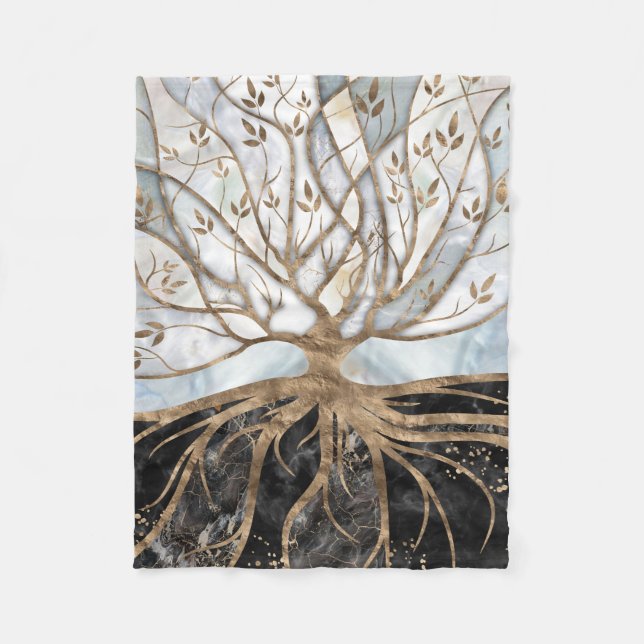 Tree of Life - Pearl, Gold and Black Marble Fleece Blanket (Front)