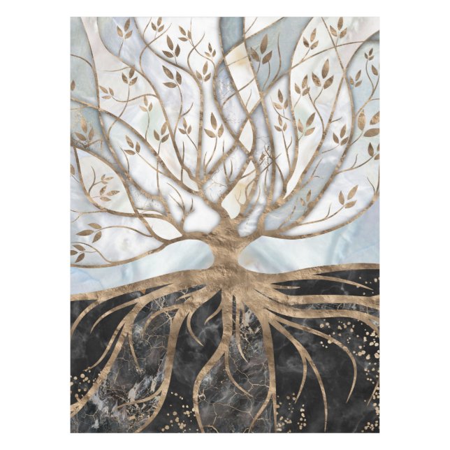 Tree of Life - Pearl, Gold and Black Marble Tablecloth (Front)