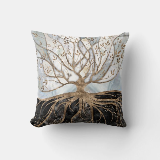 Tree of Life - Pearl, Gold and Black Marble Throw Pillow (Front)