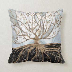 Tree of Life - Pearl, Gold and Black Marble Throw Pillow