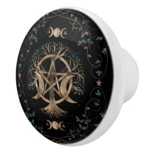 Tree of Life Pentagram Moon Ornament Ceramic Knob