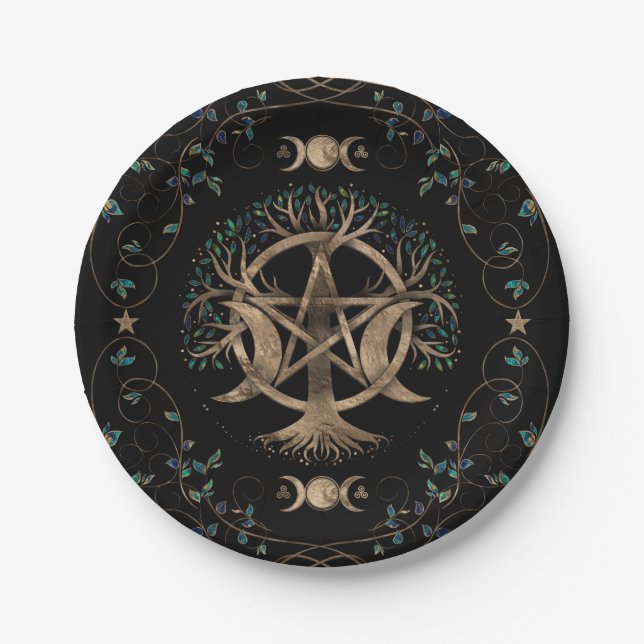 Tree of Life Pentagram Moon Ornament Paper Plate (Front)
