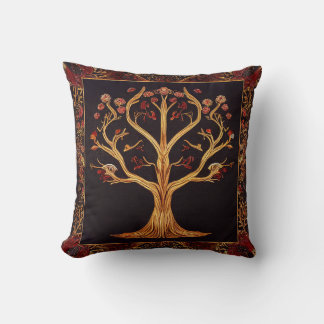 Tree of LIfe Red Gold Black Embroidery by kedoki Throw Pillow