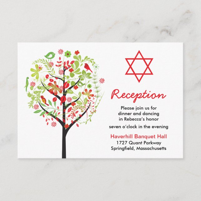 Tree of Life Red Green Bat Mitzvah Reception Card (Front)