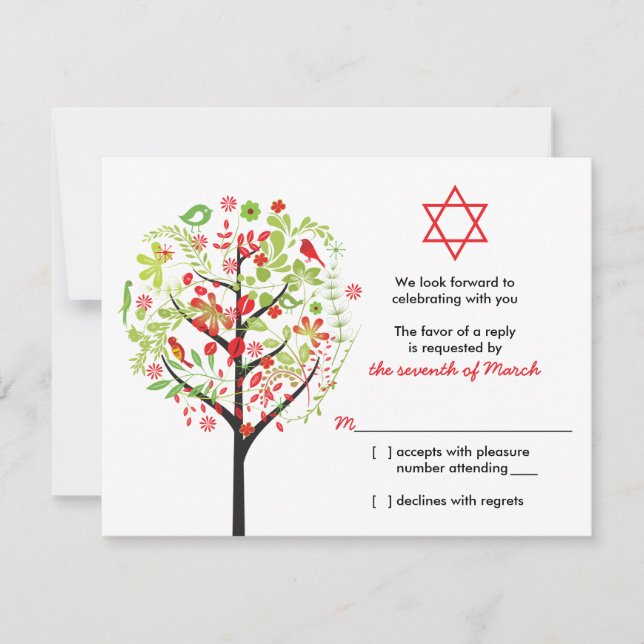 Tree of Life Red Green Bat Mitzvah RSVP Reply Card (Front)