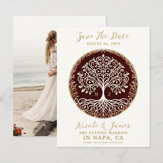 Tree of Life Rustic Dark Red Celtic Save the Date Invitation (Front/Back)