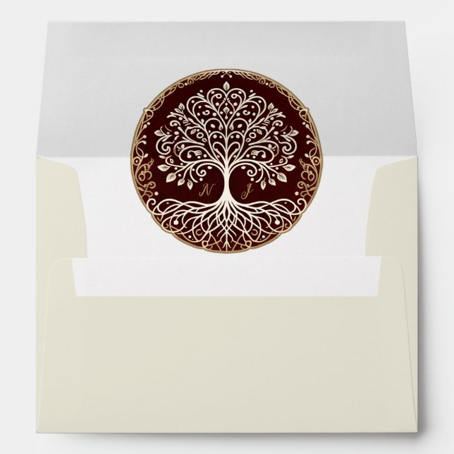 Tree of Life Rustic Dark Red Celtic Wedding Envelope (Back (Bottom))