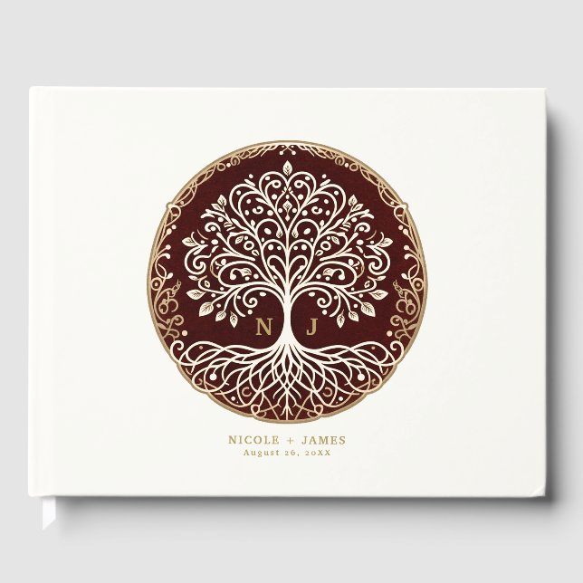 Tree of Life Rustic Dark Red Celtic Wedding Guest Book (Front)