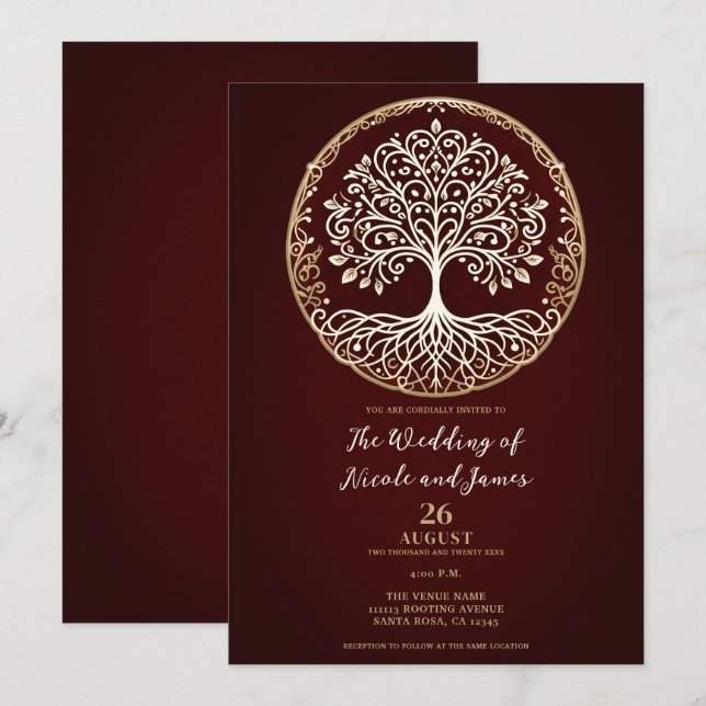 Tree of Life Rustic Dark Red Celtic Wedding Invitation (Front/Back)
