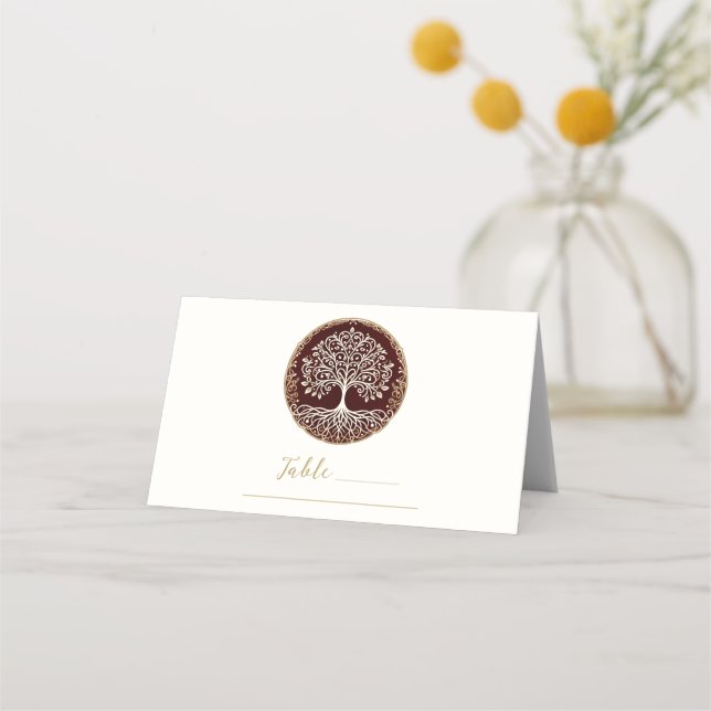 Tree of Life Rustic Dark Red Celtic Wedding Table Place Card (Front)
