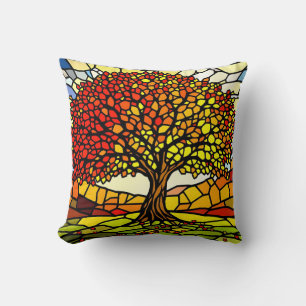 Tree of Life Shattered Glass Mosaic Autumn Colors  Throw Pillow