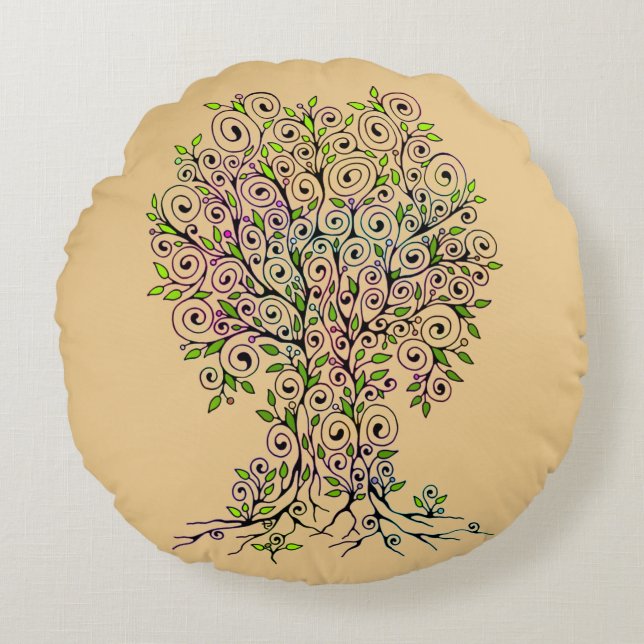 Tree Of Life - Spirals Leaves Fruits 1 Round Pillow (Front)