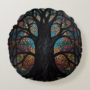 Tree Of Life Stained Glass Mosaic Art Round Pillow