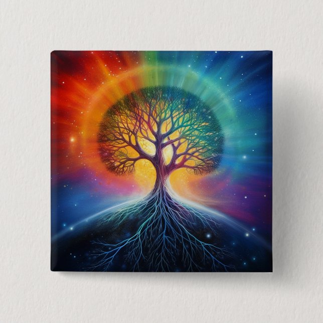 Tree Of Life Surreal Rainbow Art 2 Inch Square Button (Front)