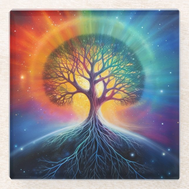 Tree Of Life Surreal Rainbow Art Glass Coaster (Front)