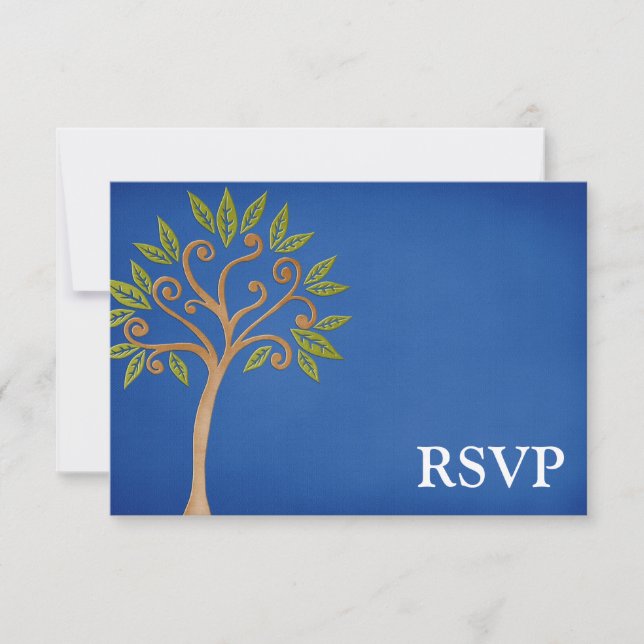 Tree of Life Swirls Blue Bar Mitzvah RSVP Card (Front)
